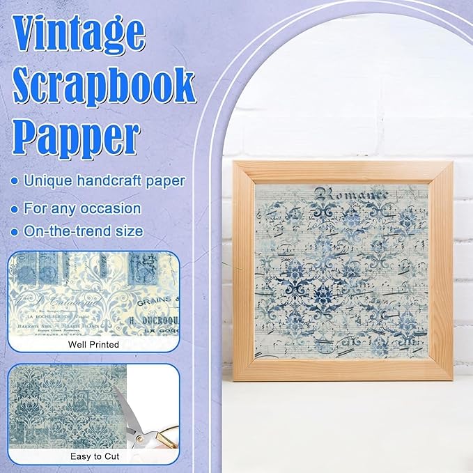 48 Sheets Vintage Blue Floral Scrapbook Paper, Retro Blue Pattern Decorative Scrapbook Paper for Junk Journals DIY Cards and Photo Albums,Aesthetic Craft Supplies for Kids and Adults