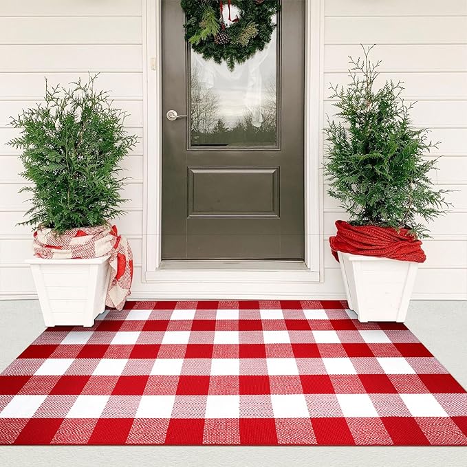 KIMODE Christmas Door Mats Outside 3'x5', Red and White Buffalo Plaid Rug, Farmhouse Christmas Front Door Mat, Washable Reversible Outdoor Christmas Decor for Front Porch Entryway Kitchen