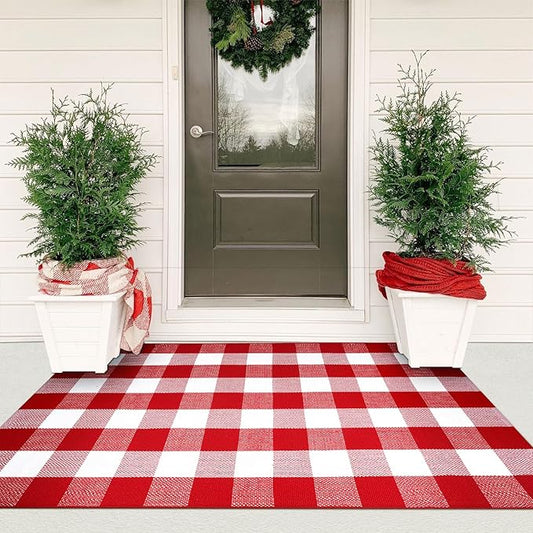 KIMODE Christmas Door Mats Outside 3'x5', Red and White Buffalo Plaid Rug, Farmhouse Christmas Front Door Mat, Washable Reversible Outdoor Christmas Decor for Front Porch Entryway Kitchen
