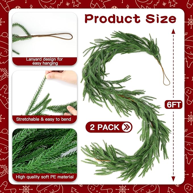 12ft 2Pcs*6ft Artificial Norfolk Pine Garland,Christmas Garland Greenery Garland for Mantle, Fireplace, Table, Wall, Window, Bedroom,Fence, Indoor Outdoor Holiday Winter Hanging Christmas Decorations