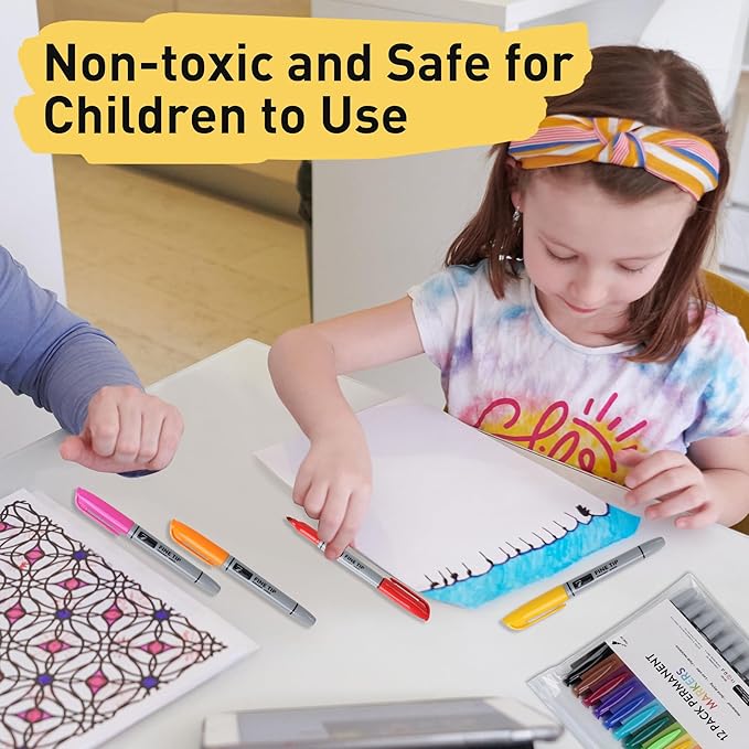 12 Permanent Markers - Assorted Colors Drawing Marker Pens Set, Waterproof Quick Drying Fine Tip Colored Artists Markers for Adults Coloring