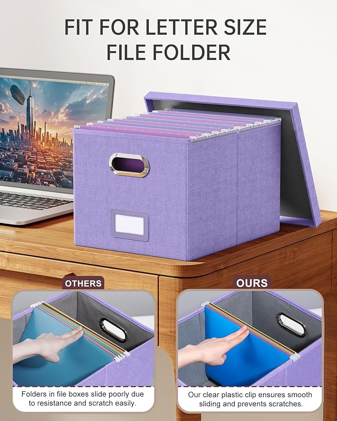 2 Pack File Storage Organizer, Filing Box, Portable File Box with Lid, Fit for Letter/Legal File Folder Storage, Document Organizer, Lavender