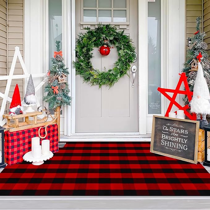 Ckorzen Red and Black Plaid Rug, 4' x 6' Christmas Halloween Outdoor Front Door Decor Mat, Cotton Hand-Woven Washable Rug for Layered Door Mats Carpet for Porch, Entryway