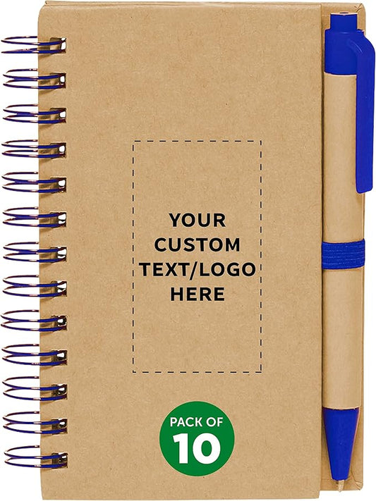 Custom Mini Spiral Notebooks with Black Ink Pens Set of 10, Personalized Bulk Pack - Perfect for School, Office, Business, Home - Blue
