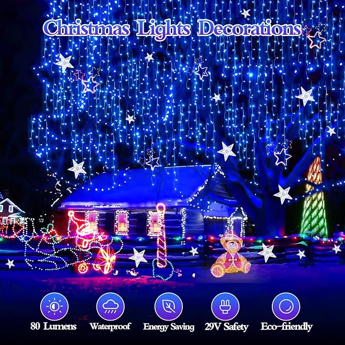 1600 LED 164FT Outdoor Christmas Lights Plug in 8 Modes with Timer Dimmable Christmas Decorations Waterproof Indoor Curtain String Lights for Roof Porch Garden Holiday Wedding Party Decor Blue