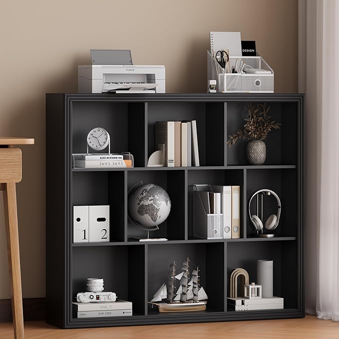 Wooden 10-Cube Storage Organizer, 3-Tier Bookshelf, Wood Black Bookshelf, Bookcase, Cubical Storage Shelf with 3 Removable Back Panels for Bedroom Home and Office