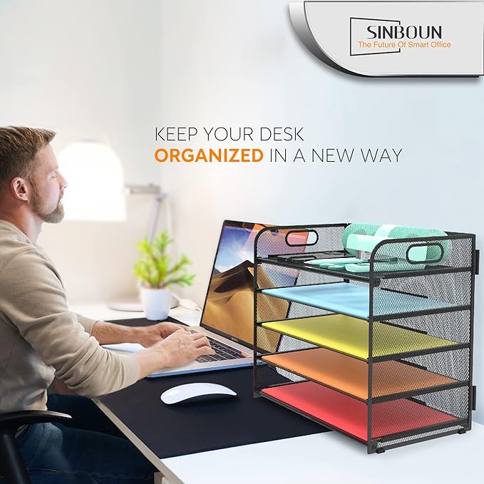 2 Pack Letter Tray 5-Tier Desk Organizer File Paper Holder with Handle, Metal Desktop Document Shelf Tray Office Classroom Organization - Black