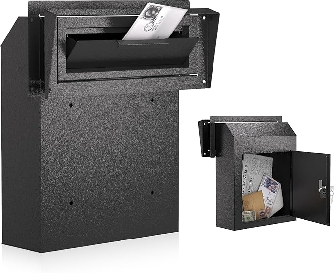 Pochar Rainproof Heavy Duty Mailbox Door Drop Box - Galvanized Steel Weatherproof Mailbox for Keys, Deposit, Payment, Mails - Through The Door Mail Drop Box (Black)