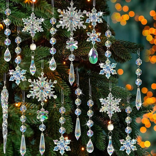 48pcs Christmas Crystal Ornaments for Tree - Iridescent Christmas Tree Ornaments Acrylic Snowflakes Drop Icicle Pendants Hanging Ornaments for Xmas Trees Winter Holiday Frozen Party Decorations