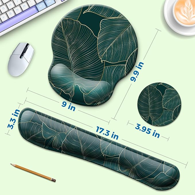 Mouse Pad and Keyboard Wrist Rest Support, with Non-Slip PU Base,Gel Mouse Pad with Coaster,Pain Relief for Gaming, Computer,Office -Green Leaves