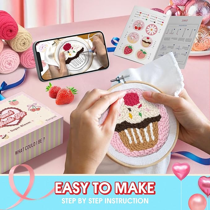 yuegool 6PCS Punch Needle Coaster Kit,Easy DIY Embroidery Set for Beginners, Kids & Adults with Patterns, Tools, Yarns, Hoop, Instructions & Coaster Holder