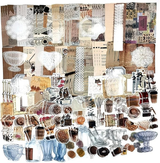 260PCS Vintage Journaling Scrapbooking Supplies Scrapbook Sticker Paper Ephemera Pack for Bullet Junk Journal Planners Collage Craft Notebooks Album (Coffee and Bread)