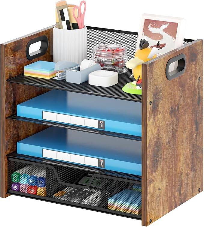 Wood Desk Organizer - 4-Tier Desktop File Organizer with Drawer, Wooden Paper Tray, Office Desk Organizer for Papers, Mail, Notebooks, Stationery