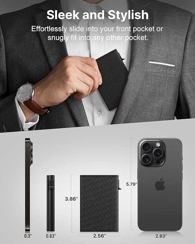 typecase Mens Wallet Card Holder: Pop Up Aluminum Case, Genuine Leather, Smart, RFID Blocking, Slim, Minimalist, Front Pocket - 9-14 Card Capacity | ID Window | Cash Slot (Cross Black)