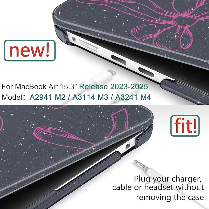 DONGKE Compatible with M4 MacBook Air 15 inch Case 2025-2023 A3241 A3114 A2941 M3 M2 Retina Display Touch ID, Plastic Hard Case & Keyboard Skin for MacBook Air 15" - Sparkly Black Bows