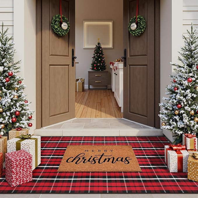 KIMODE Christmas Door Mat Outdoor 35"x59",Red and Black Buffalo Plaid Rug,Washable Cotton Hand-Woven Layered Door Mats,Reversible Outdoor Christmas Decor for Front Porch,Entryway,Kitchen