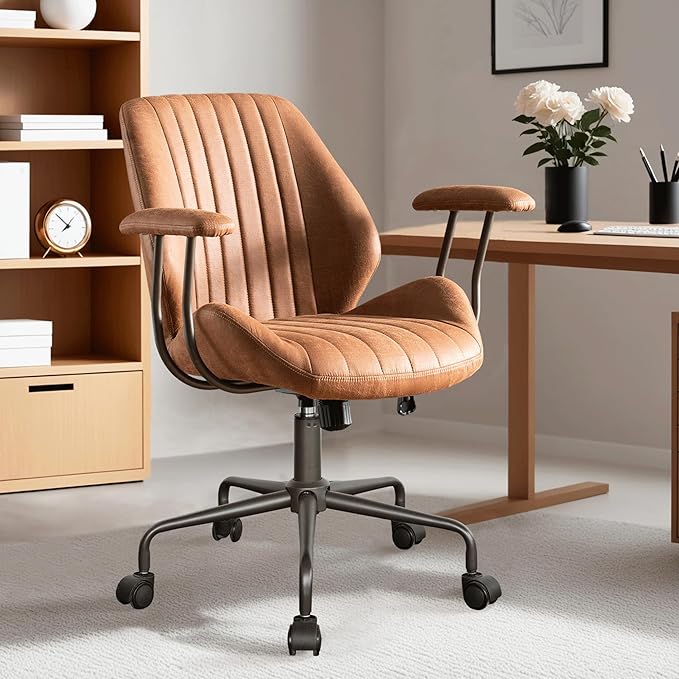 ovios Ergonomic Home Office Chair, Mid-Century Modern Faux Leather Chairs with Padded Armrests, Comfy Mid Back Swivel Rolling Executive Computer Armchair (Brown, Suede Leather)