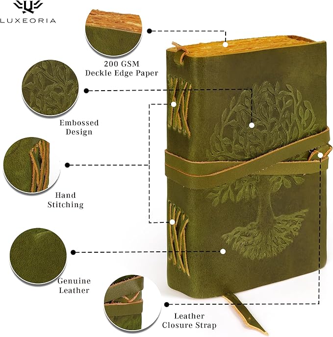 LUXEORIA Tree Of Life Leather Journal for Women and Men, Handcrafted Leather Journal for Writing Womens, Sketchbook, Travel Diary with Unlined Deckle Paper, Mint Green 6x8