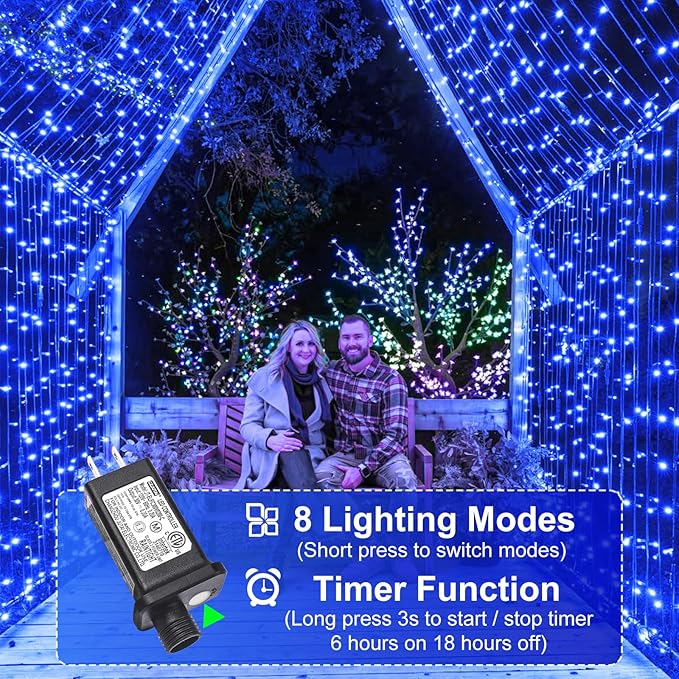 100FT 300 LED Christmas Lights Outdoor, Blue Christmas Tree Lights with 8 Modes Waterproof, Plug in Green Wire String Twinkle Light for Indoor Xmas House Patio Yard Holiday Decorations