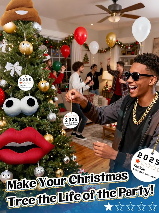 Funny Christmas Ornaments 2025 - Ceramic Hanging Tree Decorations with 1-Star Year Review Design, Gag White Elephant & Secret Santa Gifts Stocking Stuffers for Coworkers, Friends, Families