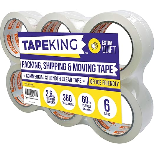 Tape King Quiet Packing Tape - Pack of 6, Clear, Heavy-Duty, Packaging, Boxing and Shipping Tape for Moving and Storage