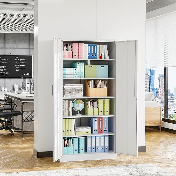 STANI Metal Garage Storage Cabinet with Lock, 71" Steel Lockable File Cabinet, Locking Steel Storage Cabinet with 5 Adjustable Shelves for Home, Office, Warehouse, Garage, School (White)