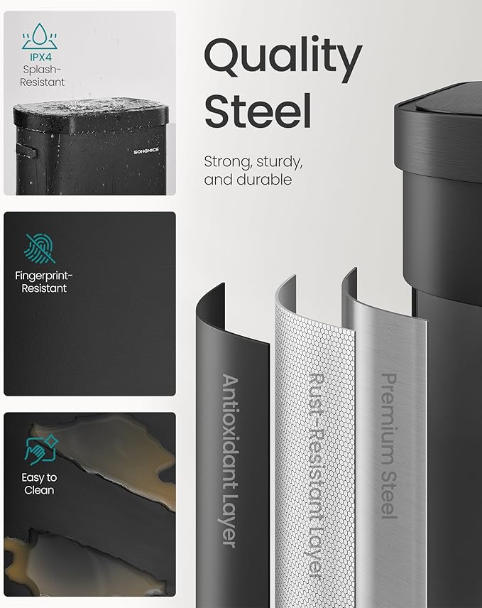 SONGMICS Motion Sensor Trash Can, 13-Gallon (50 L) Automatic Garbage Can with Soft Close Lid, Stainless Steel, Wave or Touch to Open, Includes 15 Bags, Ink Black ULTB640B01