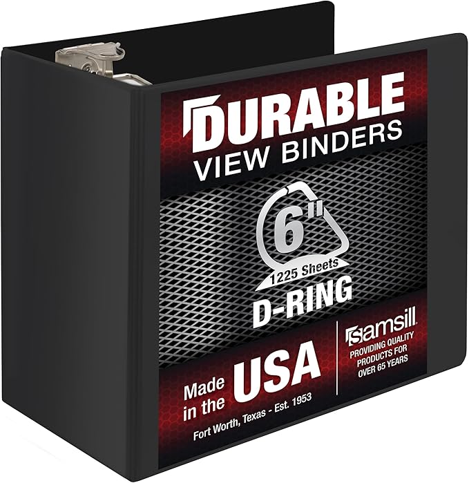 Samsill Durable 6 Inch Binder, Made in The USA, Locking D Ring Binder, Customizable Clear View Cover, Charcoal Black, Holds 1225 Pages