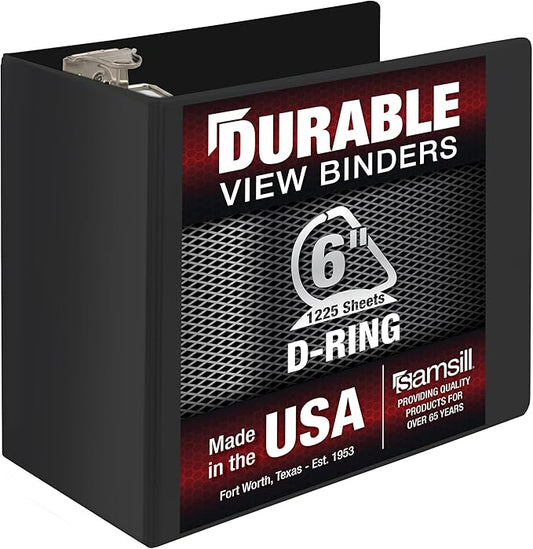 Samsill Durable 6 Inch Binder, Made in The USA, Locking D Ring Binder, Customizable Clear View Cover, Charcoal Black, Holds 1225 Pages