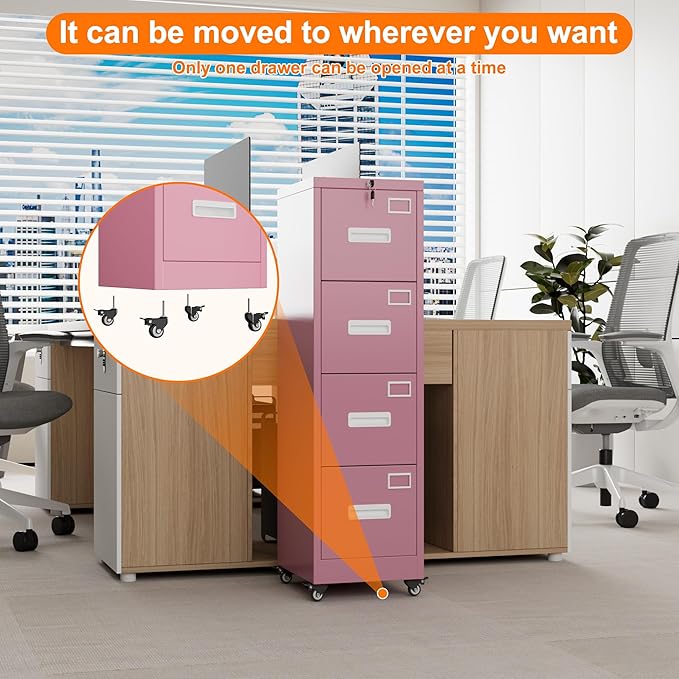 Aobabo 56" H 4 Drawer Moblie Office File Cabinet with Lock, Rolling Metal Filing Storage Cabinet, Legal/Letter A4 Size, Pink, Assembly Required