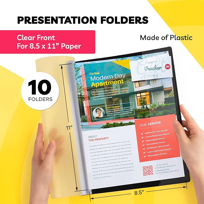 Report Covers - (Set of 10), 8.5 x 11 Letter Size, Clear Front Folders with 3-Prong Fasteners - Ideal for Presentations, Resumes & Keeping Your Documents Neat and Professional