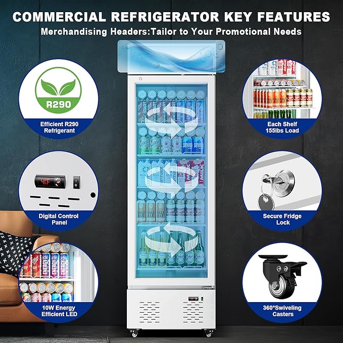 11 Cu.Ft Commercial Beverage Refrigerator Glass Door Drink Cooler with Soft Light and 5 Shelves, Display Refrigerator for Restaurant Store Cafe Bar, White