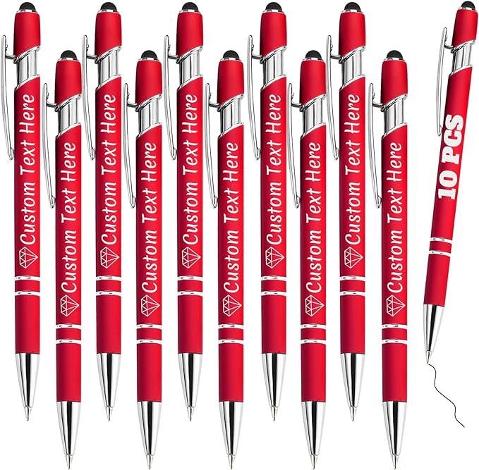 Personalized Pens Bulk 10 with Name Custom Engraving Ballpoint Pens with Stylus Tip Customized Smooth Writing Pens Personalized Gifts for Anniversary Birthday or Graduation(Red,Black Ink)