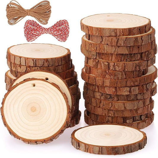 Fuyit Natural Wood Slices 25 Pcs 3.1-3.5 Inches Craft Wood Kit Unfinished Predrilled with Hole Wooden Circles Tree Slices for Arts and Crafts Christmas Ornaments DIY Crafts
