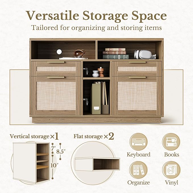 4 Drawer File Cabinet, Fluted Wood Lateral Filing Cabinet with Lock and Charging Station for Home Office, Printer Stand with Open Storage Shelves, Fits A4, Letter Size, Natural Oak