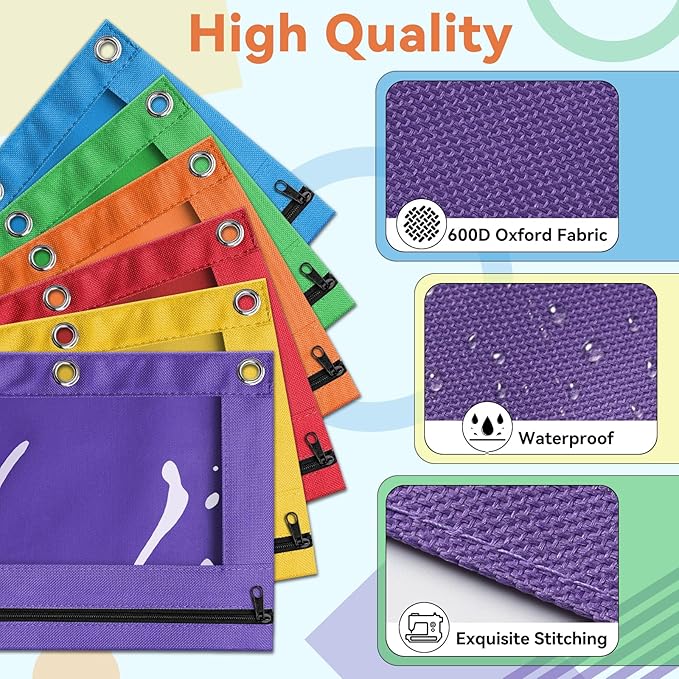 V-Opitos 72 Packs Pencil Pouch for 3 Ring Binder, Bulk 3-Holes Zipper Pencil Pouches in Assorted Colors, Sturdy and Durable Cloth Pencil Case with Clear Window for Office School College Supplies