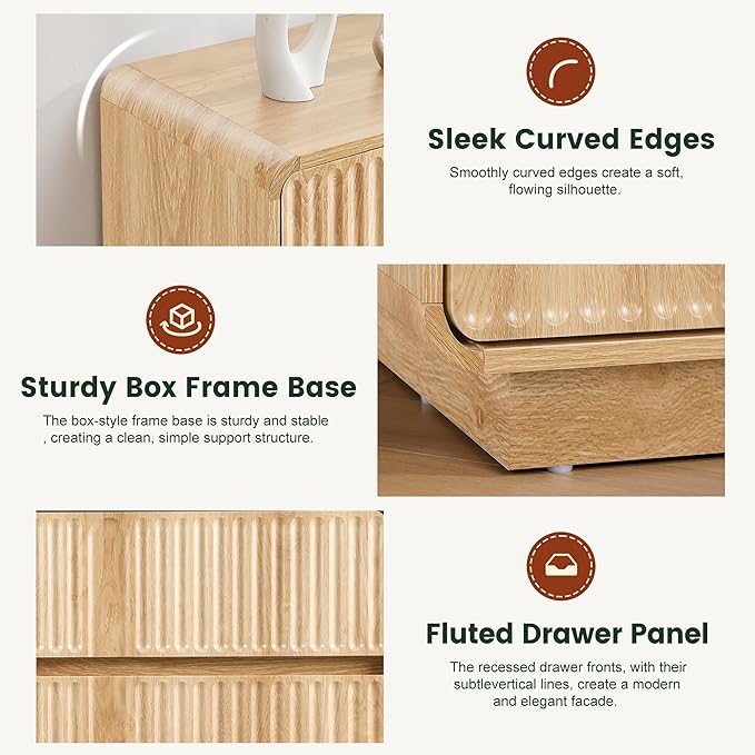Fluted 3 Drawer Dressers for Bedroom, 31.5" Wide Large Mid Century Modern Nightstand 2 Sets W/3 Storage Drawers , Wood Dresser & Chest of Drawers with Curved Profile for Living Room (Natural)