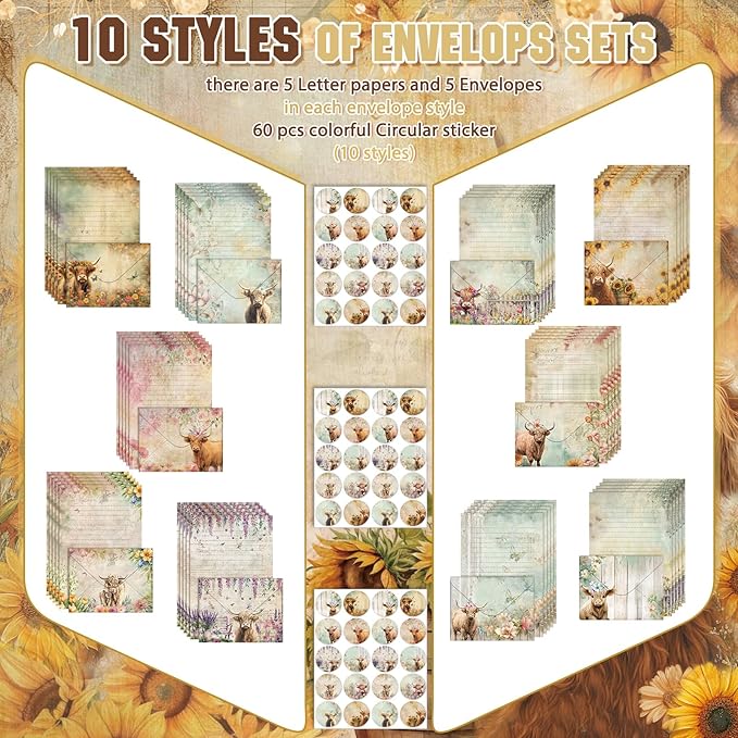 TaoBary 160 Pcs Stationery Paper Set 50 Double Sided Stationery Papers with 50 Matching Envelopes and 60 Round Dot Sticker, 10 Design(Floral Highland Cow,5.5 x 8.25 Inch)