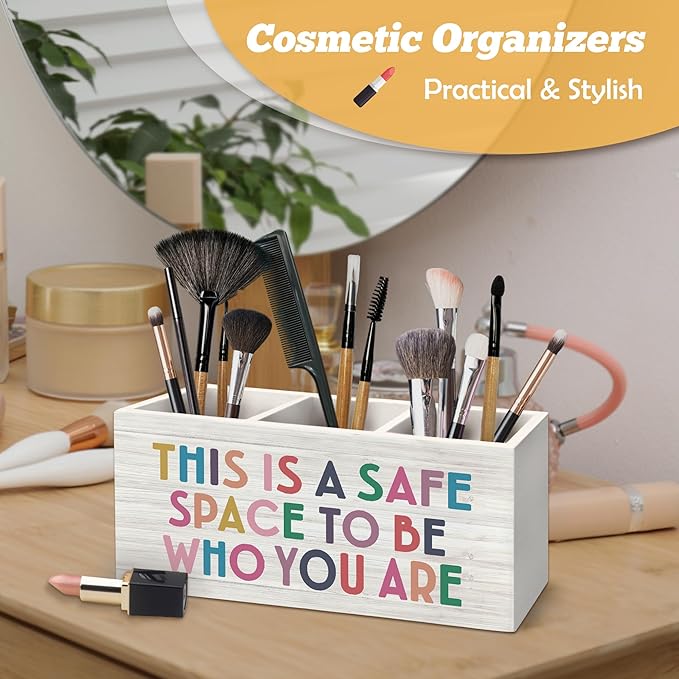 Mental Health Classroom Pen Holder Organizer for Desk Accessories, This Is a Safe Space to Be Who You Are Inspirational Wooden Box Desk Decorations for Therapy Counselor Office Classroom Decor