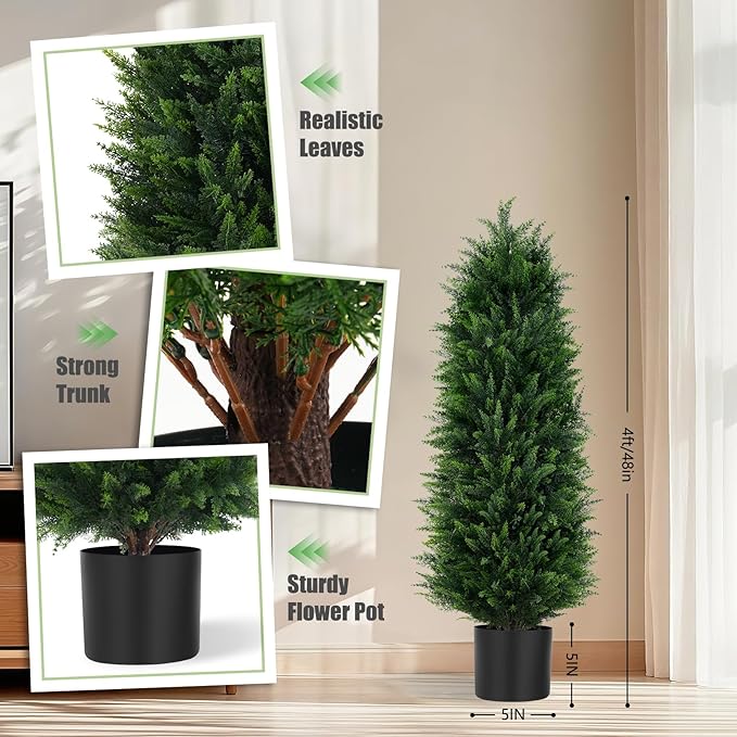 Artificial Cedar Trees, 4FT Tall Faux Tree Potted Plants with Trunk 48in Fake Cypress Tree for Indoor Outdoor Front Porch Garden Decor-2pack