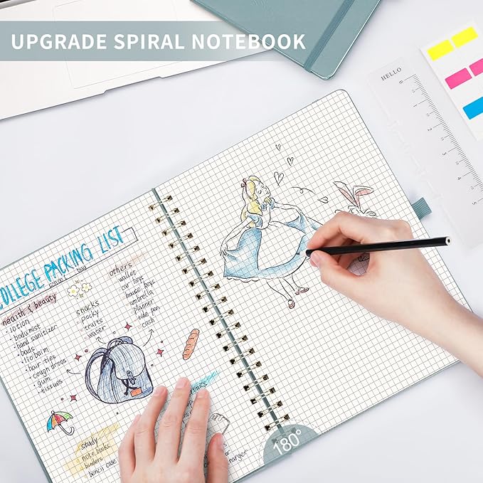 AHGXG Graph Paper Notebook - Spiral Notebook Hardcover Leather Journal 140 Pages, B5 Large Grid Notebook 7.6" x 10", 100 gsm Thick Paper, for School Writing Graphing Engineering Math, GrayBlue