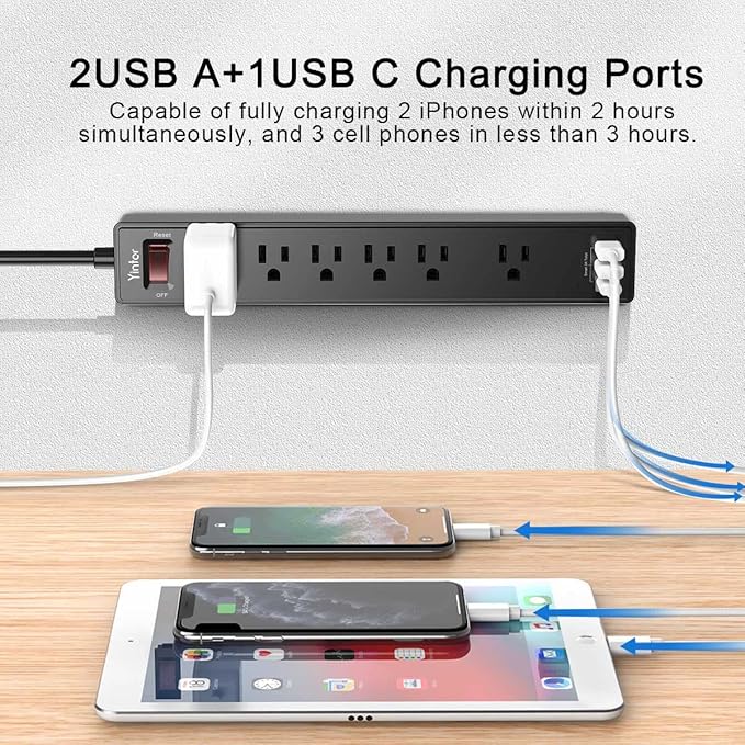 Surge Protector Power Strip (1680J) - Yintar 10Ft Extension Cord with 6 AC Outlets and 3 USB Ports(1USB C) for Home, Office, Dorm Essentials, ETL Listed, Black