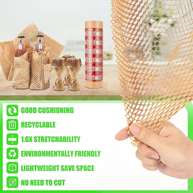 Honeycomb Packing Paper, MINHAO 15"x100' Eco Friendly Packing Paper for Moving Recyclable Honeycomb Paper Moving Supplies Bubble Paper Wrapping Protective Roll, With 36 Fragile Sticker Labels