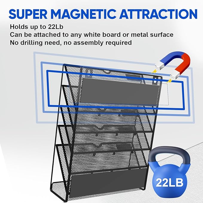 6-Tier Magnetic File Holder, No Drilling Installation File Cabinet Organizer,Black Magnetic File Holders, Magnetic Paper Holder for Refrigerator,File Cabinets, Whiteboard