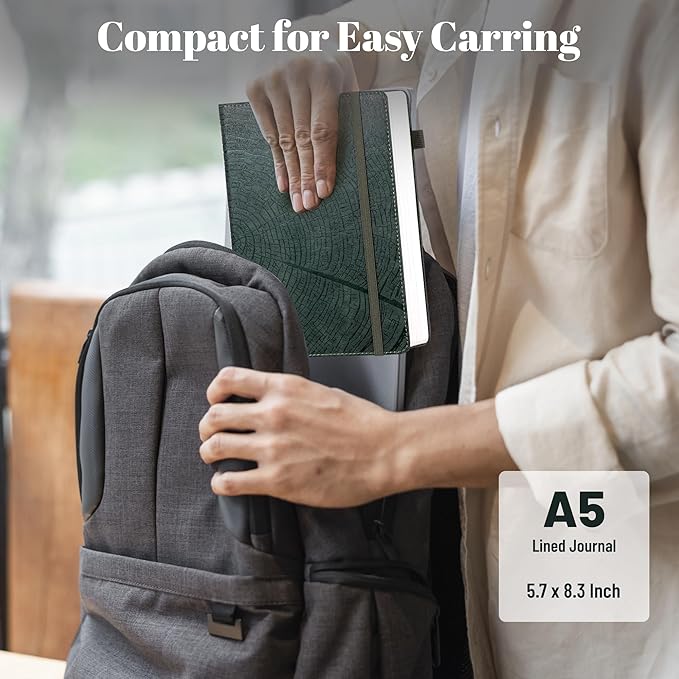 CAGIE Lined Journal for Men Women, Tree Growth Ring Leather Bound Journal Notebook 256 Pages 100 GSM Journals for Writing, A5 Hardcover Journaling Notebooks,2 Pack (Brown & Dark Green)