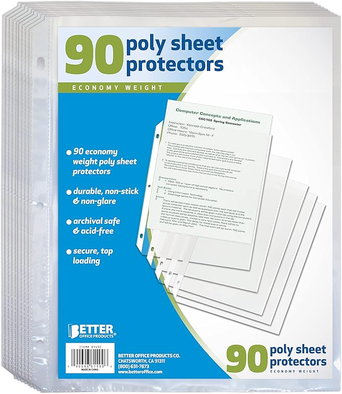 Better Office Products 90 Count Sheet Protectors, 100 Percent Poly Sheet Protectors 8.5 x 11, Top Loading Paper Protectors