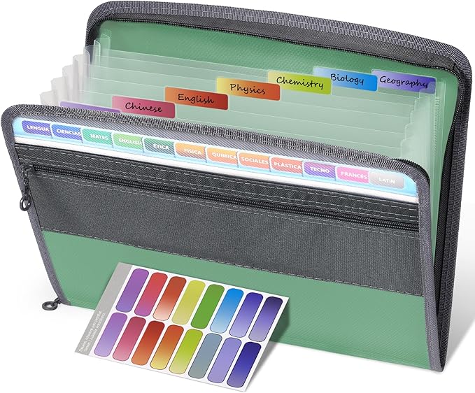 Sooez Accordion File Organizer with Safe Zipper, 8 Pocket Expanding File Folder with Front Pencil Pouch, Portable Monthly Paper Bill Tax Receipt Organizer, School Office Supplies, Olive Green