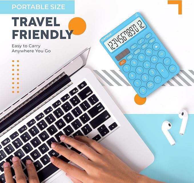 CATIGA Desk Calculator with 4 Functions, Cute Basic Calculator for Kids with Round Big Button, Large Display for School and Office, Dual Power, SD-1292 Blue