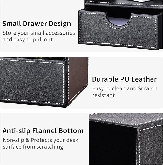 KINGFOM Pu Leather Desk Organizer Pen Pencil Holder Office Supplies Caddy Storage Box 6 Compartments with Drawer Black
