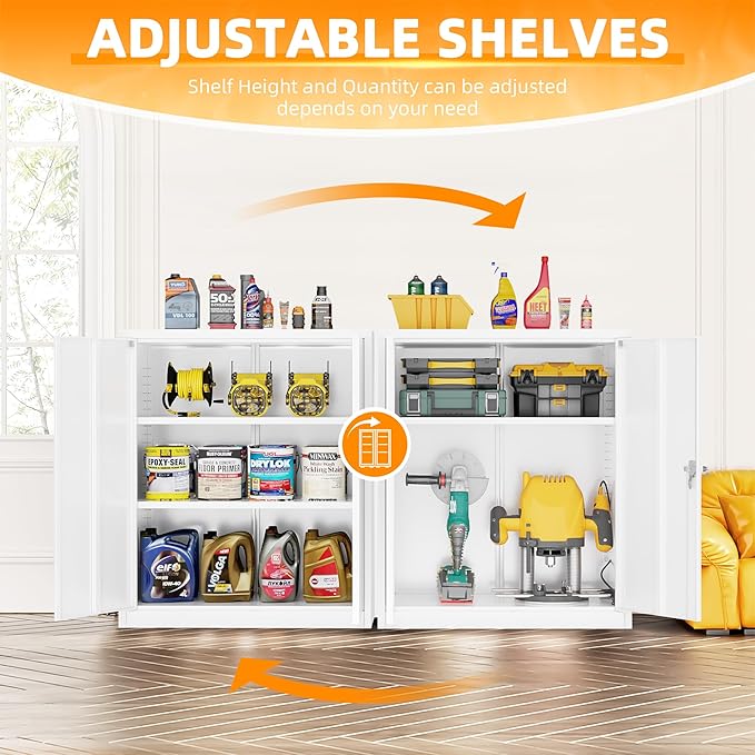 INTERGREAT Metal Cabinet with Lock, Lockable Metal Storage Cabinets with Doors and Shelves for Garage, White Locking Garage Storage Cabinets 36"×32"×16"
